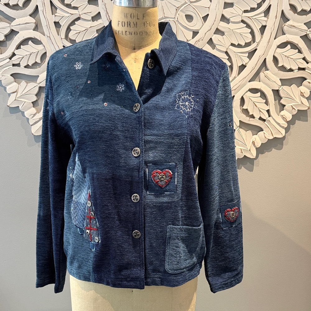 Vintage Koret City Blue Women's Blue patch work style Embroidered Jacket Medium